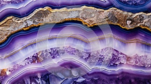 Generative AI, natural volcanic agate stones close-up light digital lavender and golden texture.