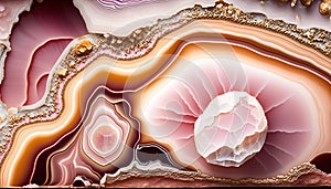 Generative AI, natural volcanic agate stones close-up light pink magenta and golden texture. Wallpaper background, quartz marble,