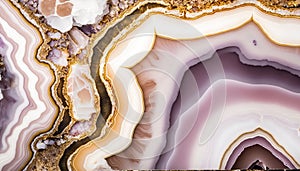 Generative AI, natural volcanic agate stones close-up light pink magenta and golden texture. Wallpaper background, quartz marble,