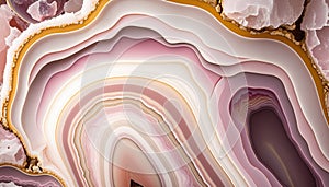 Generative AI, natural volcanic agate stones close-up light pink magenta and golden texture. Wallpaper background, quartz marble,