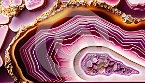 Generative AI, natural volcanic agate stones close-up pink magenta and golden texture. Wallpaper background, quartz marble,