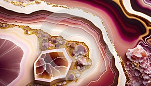 Generative AI, natural volcanic agate stones close-up pink magenta and golden texture. Wallpaper background, quartz marble,