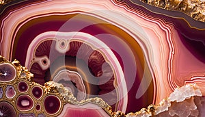 Generative AI, natural volcanic agate stones close-up pink magenta and golden texture. Wallpaper background, quartz marble,