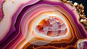 Generative AI, natural volcanic agate stones close-up pink magenta and golden texture. Wallpaper background, quartz marble,