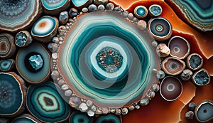 Generative AI, natural volcanic agate stones close-up turquoise, brown and orange texture.