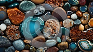 Generative AI, natural volcanic agate stones close-up turquoise, brown and orange texture.