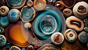 Generative AI, natural volcanic agate stones close-up turquoise, brown and orange texture.