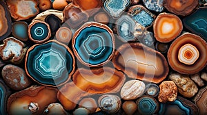 Generative AI, natural volcanic agate stones close-up turquoise, brown and orange texture.