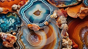 Generative AI, natural volcanic agate stones close-up turquoise, brown and orange texture.