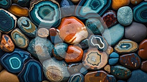 Generative AI, natural volcanic agate stones close-up turquoise, brown and orange texture.