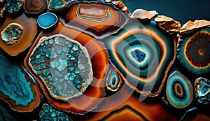 Generative AI, natural volcanic agate stones close-up turquoise, brown and orange texture.