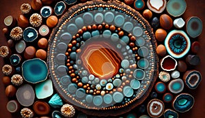 Generative AI, natural volcanic agate stones close-up turquoise, brown and orange texture.