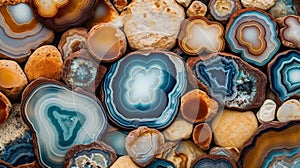 Generative AI, natural volcanic agate stones close-up turquoise, brown and orange texture.