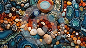 Generative AI, natural volcanic agate stones close-up turquoise, brown and orange texture.