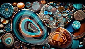 Generative AI, natural volcanic agate stones close-up turquoise, brown and orange texture.