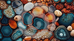 Generative AI, natural volcanic agate stones close-up turquoise, brown and orange texture.