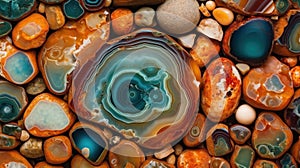 Generative AI, natural volcanic agate stones close-up turquoise, brown and orange texture.