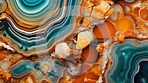 Generative AI, natural volcanic agate stones close-up turquoise, brown and orange texture.