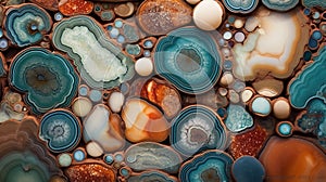 Generative AI, natural volcanic agate stones close-up turquoise, brown and orange texture.