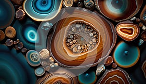 Generative AI, natural volcanic agate stones close-up turquoise, brown and orange texture.