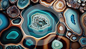 Generative AI, natural volcanic agate stones close-up turquoise, brown and orange texture. Wallpaper background, quartz marble,