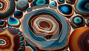 Generative AI, natural volcanic agate stones close-up turquoise, brown and orange texture. Wallpaper background, quartz marble,