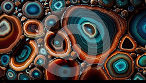 Generative AI, natural volcanic agate stones close-up turquoise, brown and orange texture. Wallpaper background, quartz marble,