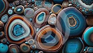 Generative AI, natural volcanic agate stones close-up turquoise, brown and orange texture. Wallpaper background, quartz marble,