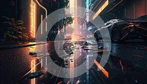 Generative AI, Night scene of after rain city in cyberpunk style with car, futuristic nostalgic 80s, 90s. Neon lights vibrant
