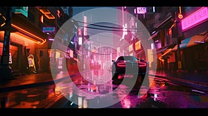 Generative AI, Night scene of after rain city in cyberpunk style, futuristic nostalgic 80s, 90s. Neon lights vibrant colors,