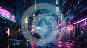 Generative AI, Night scene of after rain city in cyberpunk style, futuristic nostalgic 80s, 90s. Neon lights vibrant colors,