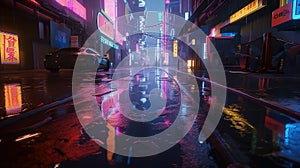 Generative AI, Night scene of after rain city in cyberpunk style, futuristic nostalgic 80s, 90s. Neon lights vibrant colors,