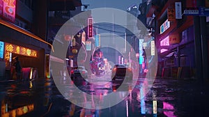 Generative AI, Night scene of after rain city in cyberpunk style, futuristic nostalgic 80s, 90s. Neon lights vibrant colors,