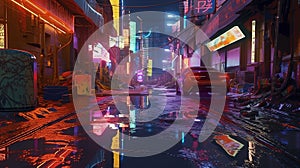 Generative AI, Night scene of after rain city in cyberpunk style, futuristic nostalgic 80s, 90s. Neon lights vibrant colors,