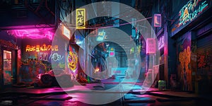 Generative AI, Night scene of after rain city in cyberpunk style, futuristic nostalgic 80s, 90s. Neon lights vibrant colors,