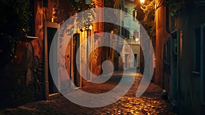 Generative AI Night view of old cozy street in Trastevere in Rome Italy Trastevere is rione of Rome on the west ba