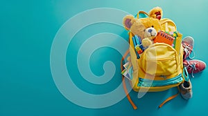 Generative AI Nurturing bright minds Overhead shot of a yellow childs rucksack with cartoon bear print packed with