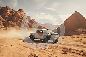 Generative AI, Off road car driving on a winding mountain desert road, surrounded by breathtaking views