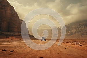 Generative AI, Off road car driving on a winding mountain desert road, surrounded by breathtaking views