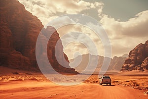 Generative AI, Off road car driving on a winding mountain desert road, surrounded by breathtaking views