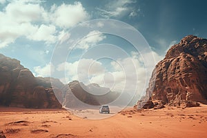 Generative AI, Off road car driving on a winding mountain desert road, surrounded by breathtaking views