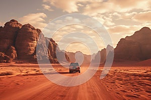 Generative AI, Off road car driving on a winding mountain desert road, surrounded by breathtaking views