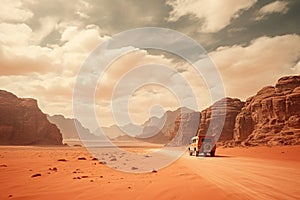 Generative AI, Off road car driving on a winding mountain desert road, surrounded by breathtaking views