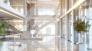 Generative AI office building lobby blur background interior view toward reception hall modern luxury main stair s