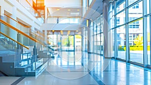 Generative AI office building lobby blur background interior view toward reception hall modern luxury main stair s