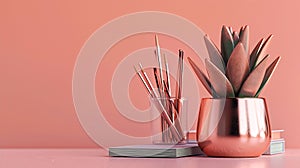 Generative AI Office supplies in rose gold color with crassula houseplant business concept.