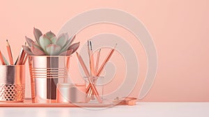 Generative AI Office supplies in rose gold color with crassula houseplant business concept.