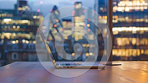 Generative AI Office workplace with laptop and smart phone on wood table and london city blurred background busine