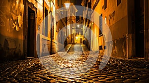 Generative AI Old cozy street at night in Trastevere Rome Italy Trastevere is rione of Rome on the west bank of th