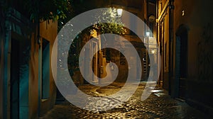 Generative AI Old cozy street at night in Trastevere Rome Italy Trastevere is rione of Rome on the west bank of th